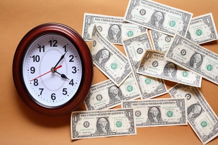 Abstract background with clock and lot of one dollar bank notes