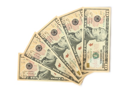 Few ten dollar bank notes as fantail isolated on white background