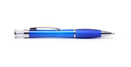 Modern plastic blue ballpoint pen isolated on white background with clipping pathの写真素材