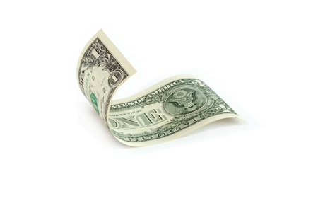 Waved one dollar bill on white background. Isolated with clipping pathの写真素材