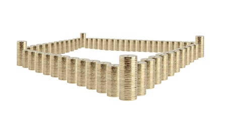 Banking concept. Fortress made from coins on white backgroundの写真素材