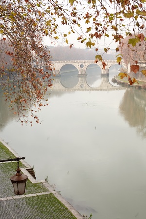 Autumn leaves twig on background with ancient bridge across Tiber river. Rome, Italyの写真素材