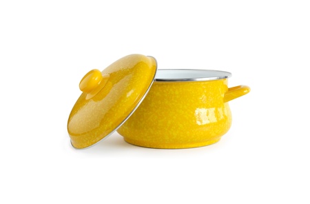 New yellow open saucepan and lid on white background.の写真素材