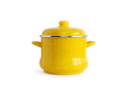 New yellow saucepan on white background. Clipping path is includedの写真素材