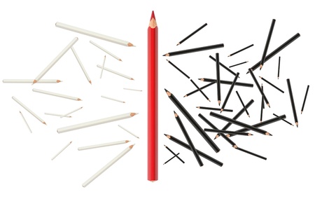 Boundary concept. One red pencil between lot of black and white pencilsの写真素材