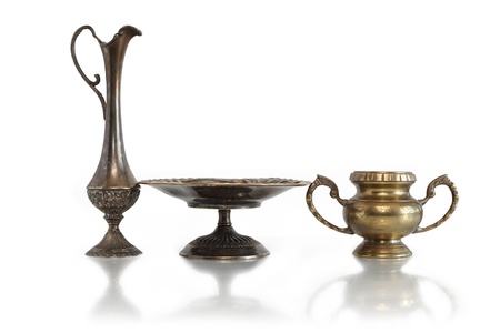 Set of nice ancient bronze vases on white background. Clipping path is includedの写真素材