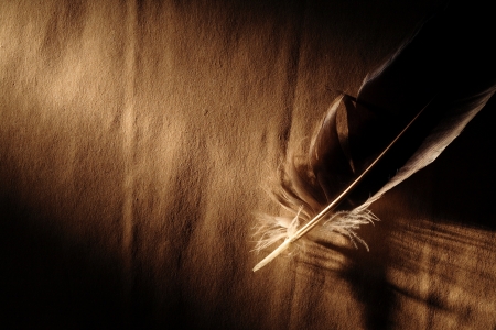 Feather on old paper surface under beam of lightの写真素材