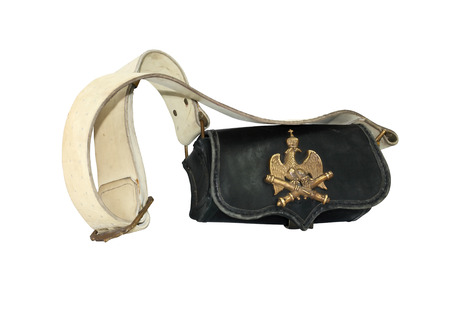 Old French leather artillery bag on white background  Isolated with clipping pathの写真素材
