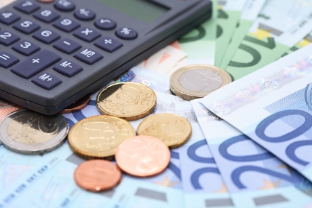 Business concept. Calculator on European Union Currency closeup backgroundの写真素材