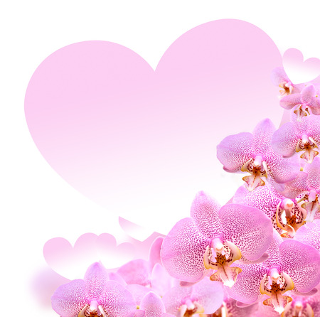 Greeting card as heart shape on background with pink orchid flowersの写真素材