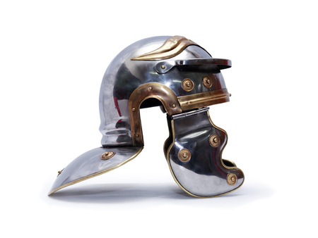 Ancient Roman military helmet on white background  の写真素材