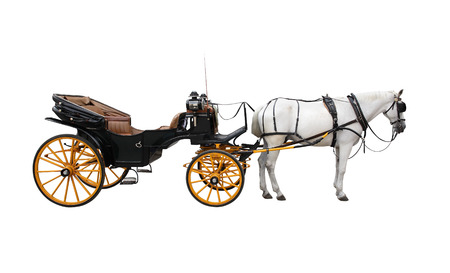 Horse and nice vintage coach with big yellow wheels  Isolated on whiteの写真素材