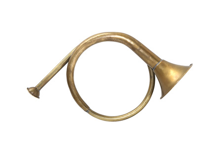 Ancient brass bugle on white background. Isolated with clipping path