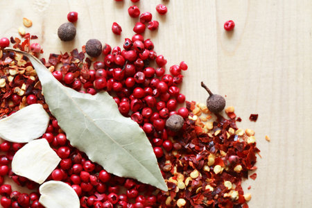 Set of various spice ingredients on wooden backgroundの写真素材