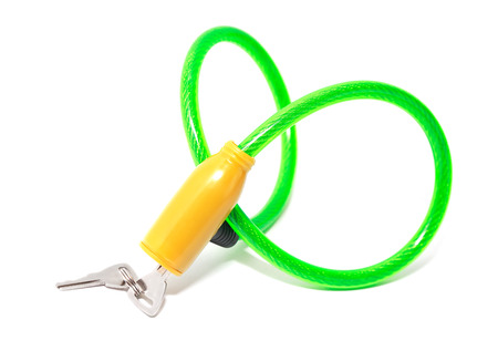 Steel rope with lock and key on white background