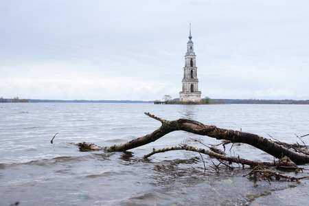 The flooded bell tower on river Volga, Kalyazin, Russiaの写真素材