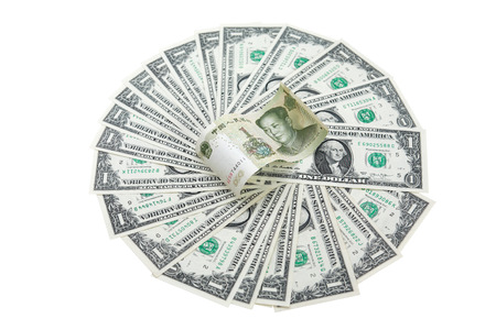 One Chinese yuan bank note on USA dollars background. Isolated with clipping path