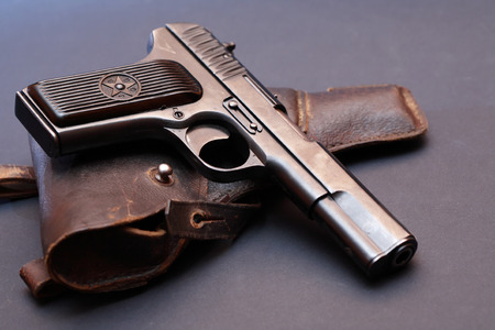 World War II Soviet equipment. Leather handgun holster and pistolの写真素材