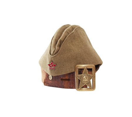 World War II Soviet equipment. Leather belt and soldier garrison cap. Isolated with clipping pathの写真素材