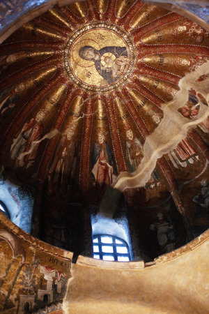 Istanbul, Turkey - July 6, 2015: Beautiful ancient Byzantium mosaic fresco in Kariye Mosque, Istanbul, Turkeyのeditorial素材