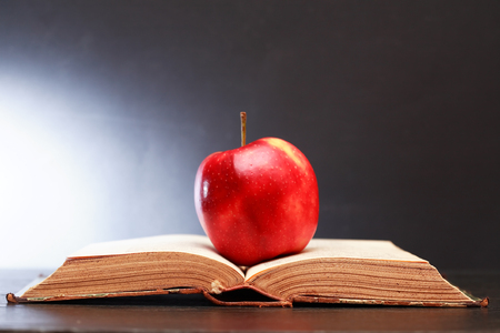 Freshness red apple on old open book against dark backgroundの写真素材