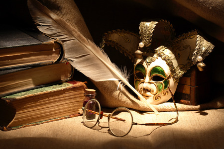 Vintage still life with various old things on canvas backgroundの写真素材