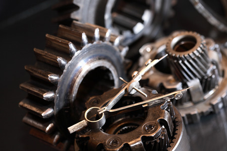 Machinery concept. Set of various gears closeup as backgroundの写真素材