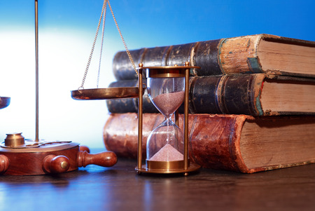 Vintage still life with old objects against blue backgroundの写真素材