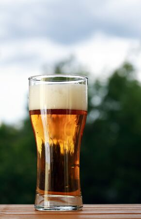 Nice high glass of beer with foam against nature backgroundの写真素材