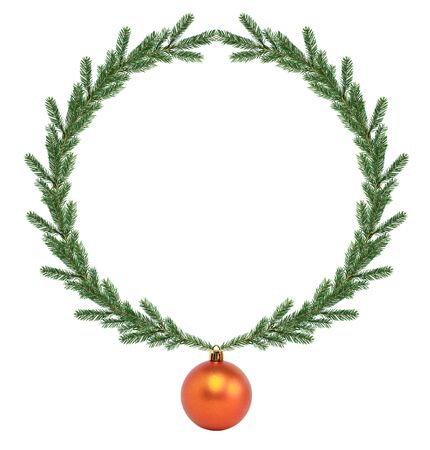 Christmas decoration. Fir twigs as border with Christmas ball on white backgroundの写真素材