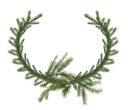 Christmas decoration. Fir twigs as wreath on white backgroundの写真素材