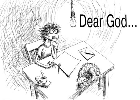 The Girl writes a letter to God. Hand drawn cartoon with ink and pen on paperの写真素材