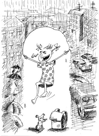 Girl With Jump Rope. Hand drawn cartoon with ink and pen on paperの写真素材