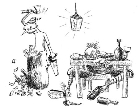 Pinocchio Makes Himself. Hand drawn cartoon with ink and pen on paperの写真素材