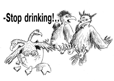 Baby bird with two heads. Hand drawn cartoon with ink and pen on paperの写真素材