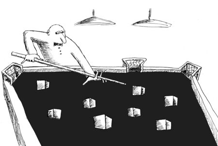 Strange billiards. Hand drawn cartoon with ink and pen on paper