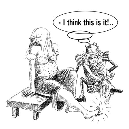 Prince Chooses Cinderella with slipper. Hand drawn cartoon with ink and pen on paperの写真素材