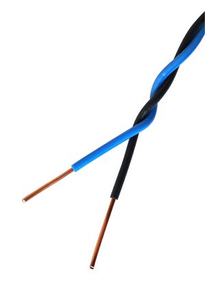 Blue and black electric cable isolated on white backgroundの写真素材