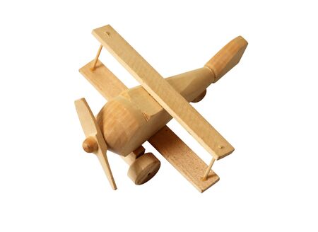Small wooden airplane isolated on white background with clipping pathの写真素材