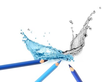 Blue pencils draws nice water splash on white backgroundの写真素材