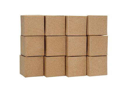 Stack of cardboard cubes on white background isolated with clipping pathの写真素材