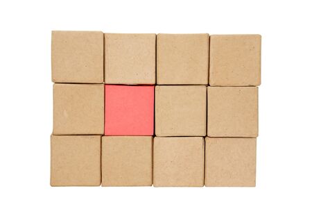 Stack of cardboard cubes on white background isolated with clipping pathの写真素材