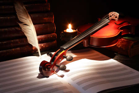 Nice violin near books and feather and candle against black backgroundの写真素材