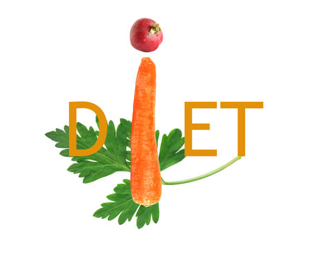 Word DIET made with text and vegetables on white backgroundの写真素材