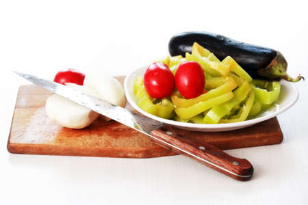 Closeup of various chopped vegetables on cutting boardの写真素材