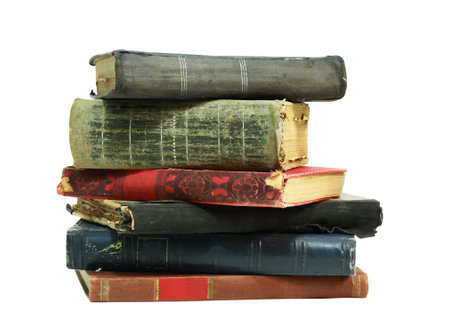 Set of various old books on white backgroundの写真素材