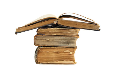 Set of various old books on white background isolated with clipping pathの写真素材