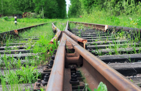 An abandoned old railway in the middle of the forestの写真素材