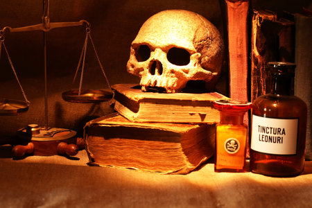 Nice vintage still life with human skull near balance and booksの写真素材