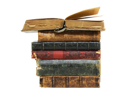Set of various old books on white background isolated with clipping pathの写真素材